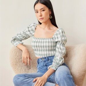 Abercrombie & Fitch Y2K Plaid Crop Babydoll Puff Sleeve Top Square Neck